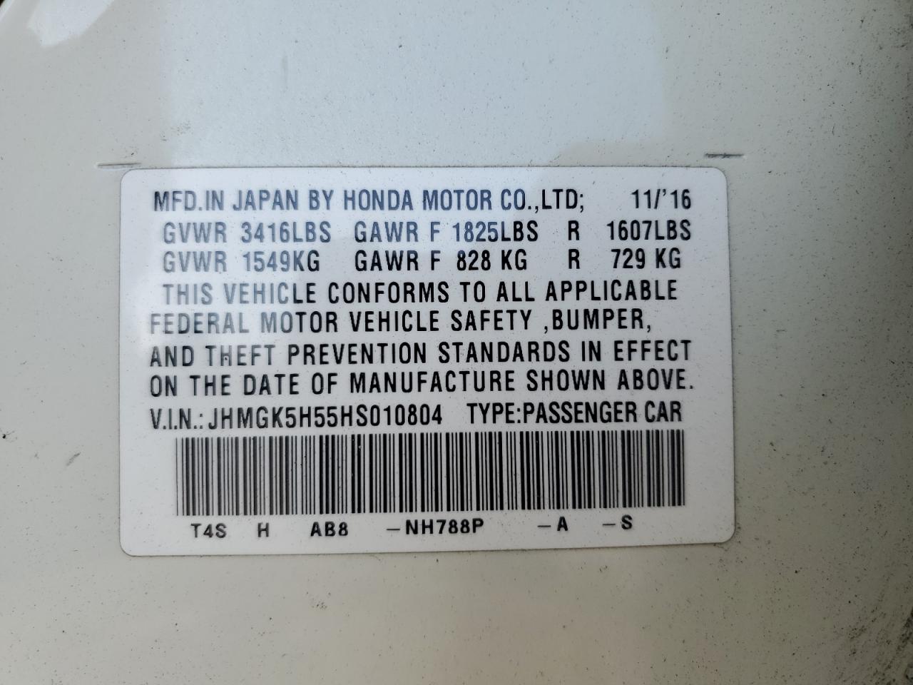 JHMGK5H55HS010804 HONDA FIT 2017