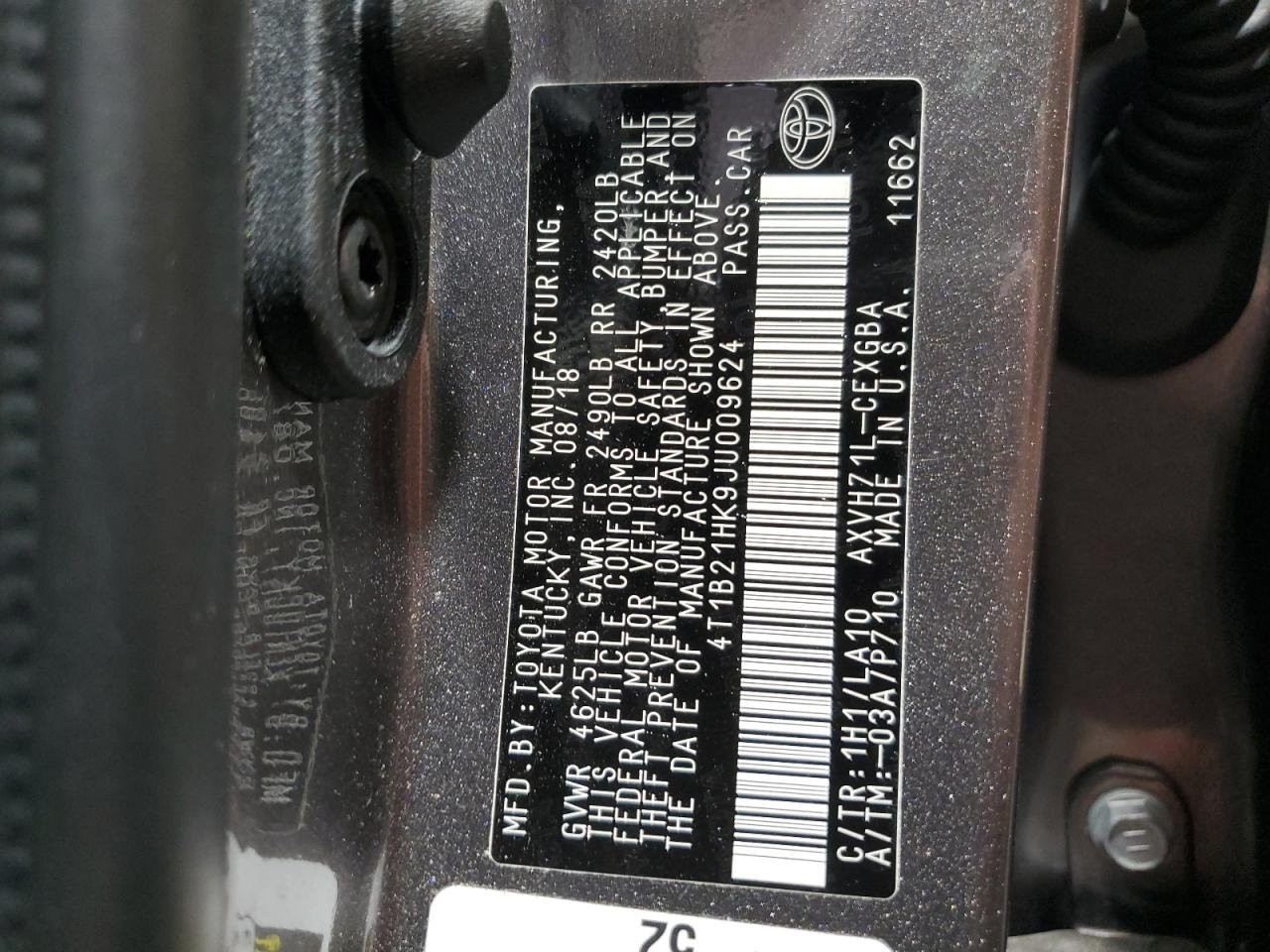 4T1B21HK9JU009624 TOYOTA CAMRY 2018