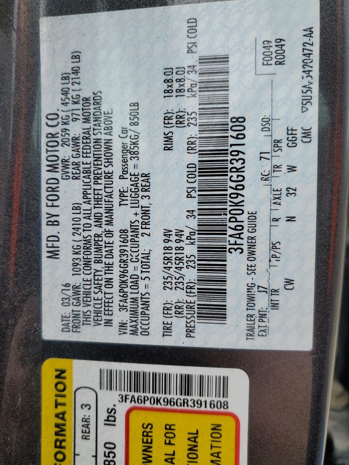 2016 Ford Fusion Titanium VIN: 3FA6P0K96GR391608 Lot: 54974645