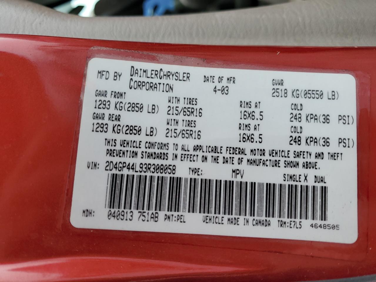 2003 Dodge Grand Caravan Sport VIN: 2D4GP44L93R308058 Lot: 52181775