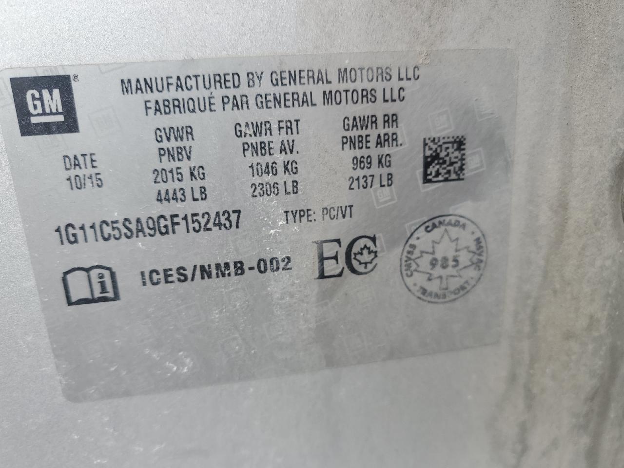 1G11C5SA9GF152437 CHEVROLET MALIBU 2016