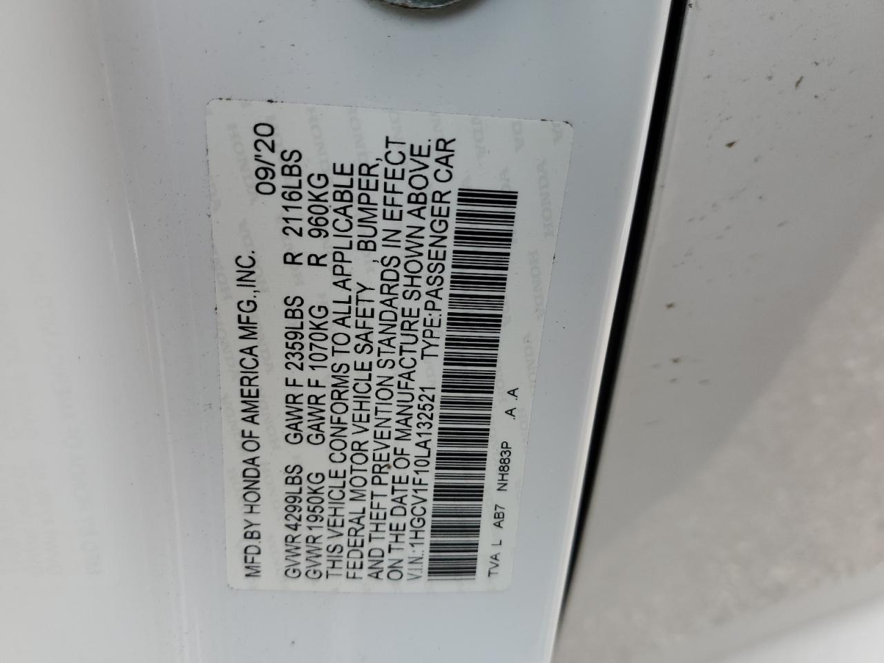 1HGCV1F10LA132521 HONDA ACCORD 2020