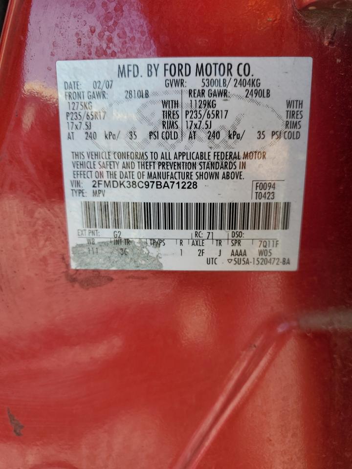 2007 Ford Edge Sel VIN: 2FMDK38C97BA71228 Lot: 52360285