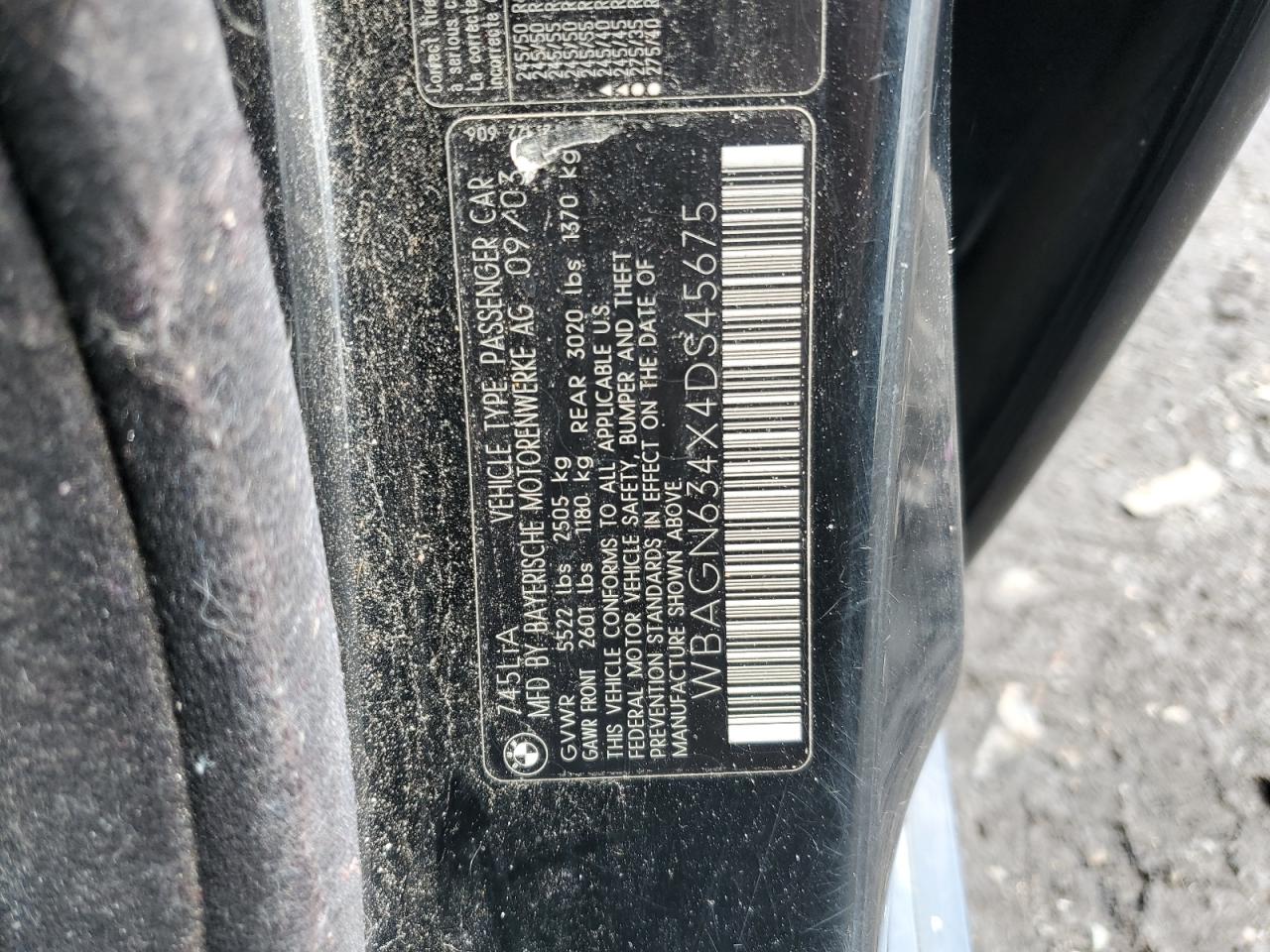 2004 BMW 745 Li VIN: WBAGN634X4DS45675 Lot: 52304465