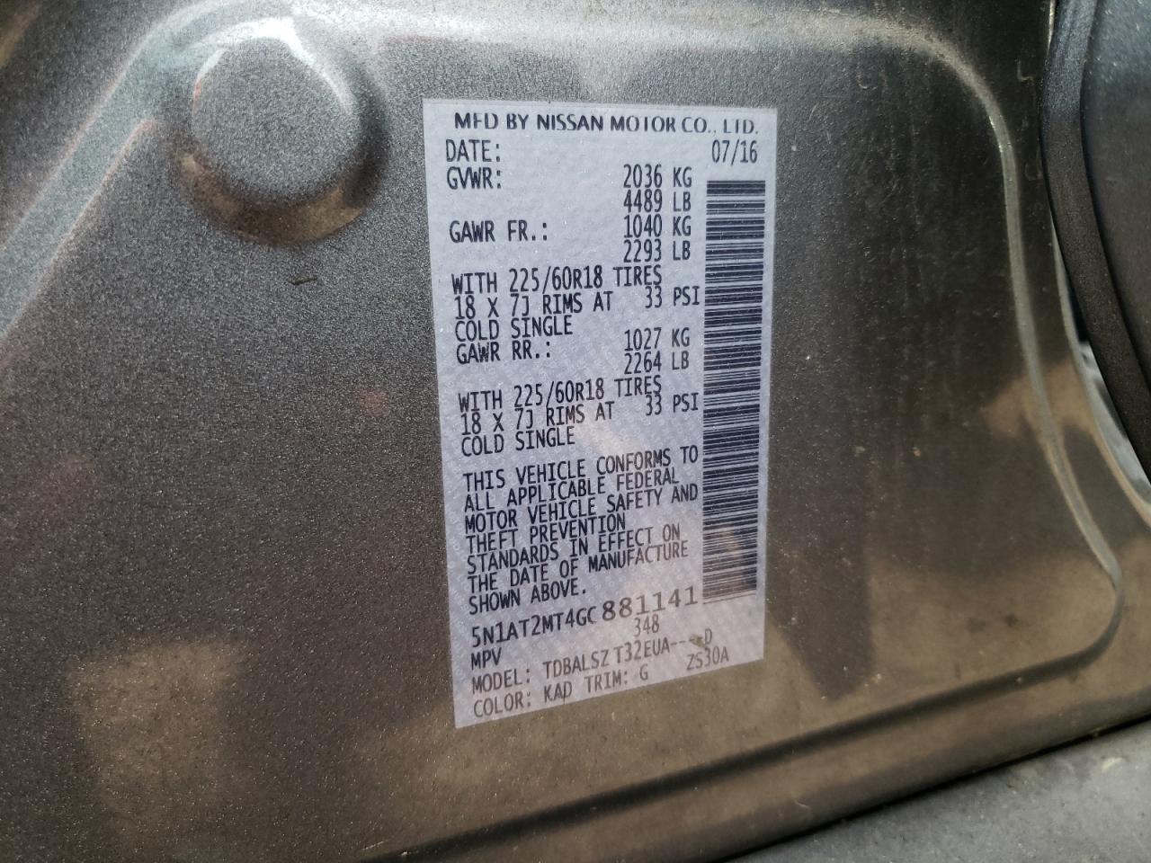 5N1AT2MT4GC881141 NISSAN ROGUE 2016
