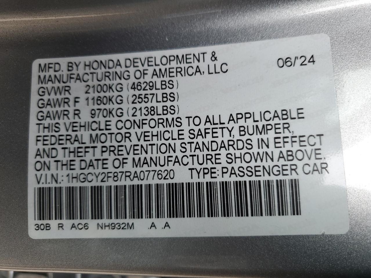 2024 Honda Accord Touring Hybrid VIN: 1HGCY2F87RA077620 Lot: 65668285