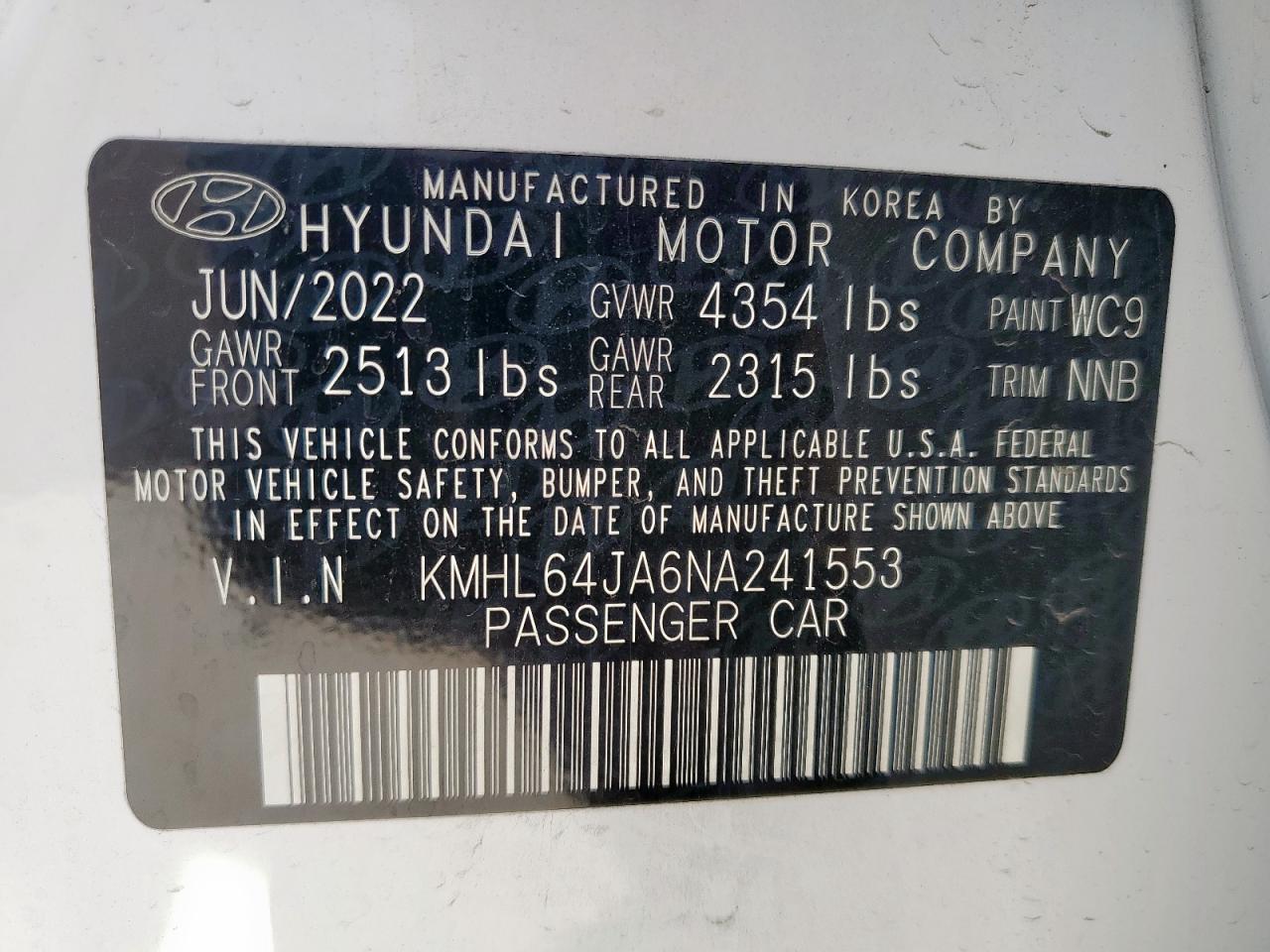 2022 Hyundai Sonata Sel VIN: KMHL64JA6NA241553 Lot: 54140335