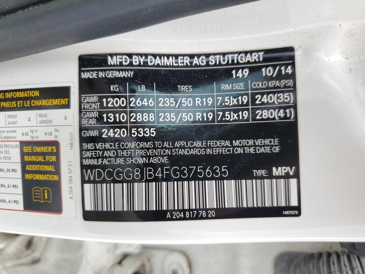 2015 Mercedes-Benz Glk 350 4Matic VIN: WDCGG8JB4FG375635 Lot: 52107205