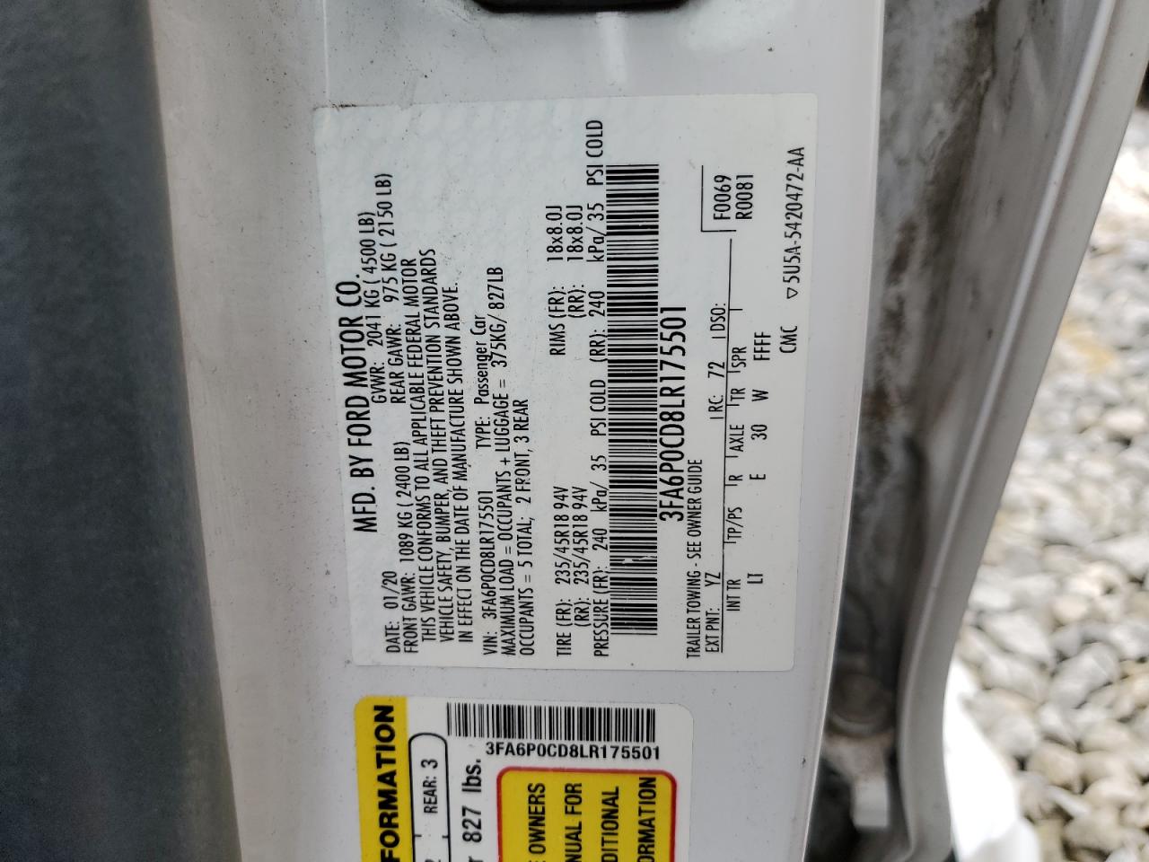 3FA6P0CD8LR175501 FORD FUSION 2020