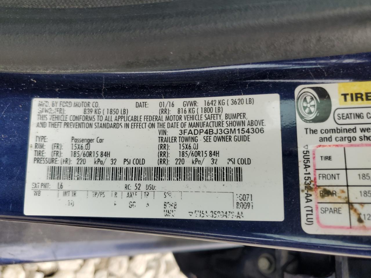 2016 Ford Fiesta Se VIN: 3FADP4BJ3GM154306 Lot: 51383375