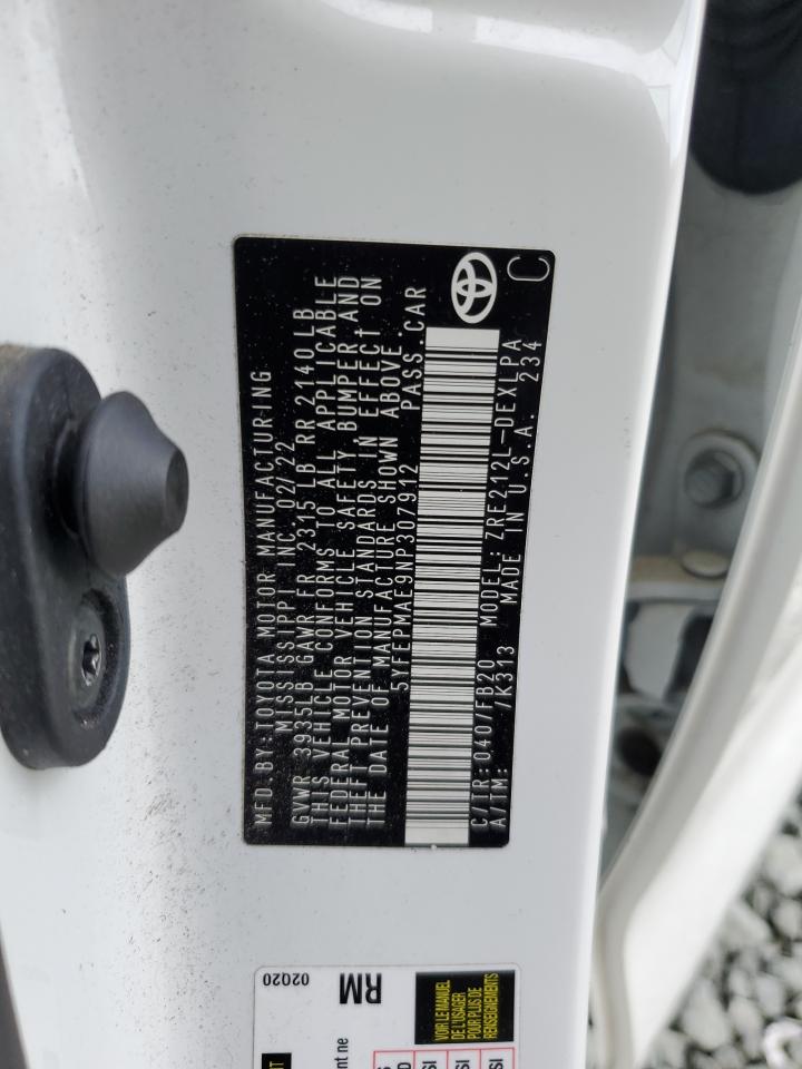 5YFEPMAE9NP307912 TOYOTA COROLLA 2022