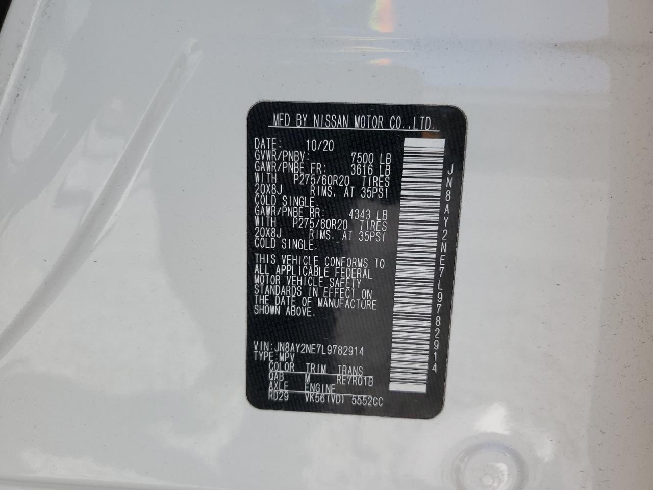 2020 Nissan Armada Platinum VIN: JN8AY2NE7L9782914 Lot: 52716195