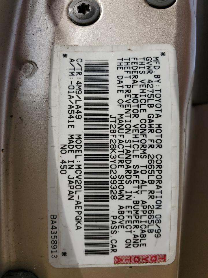 2000 Toyota Camry Le VIN: JT2BF28K3Y0239328 Lot: 54045635