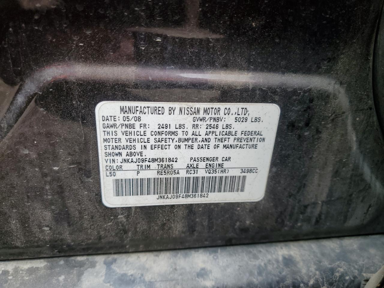 2008 Infiniti Ex35 Base VIN: JNKAJ09F48M361842 Lot: 53808415