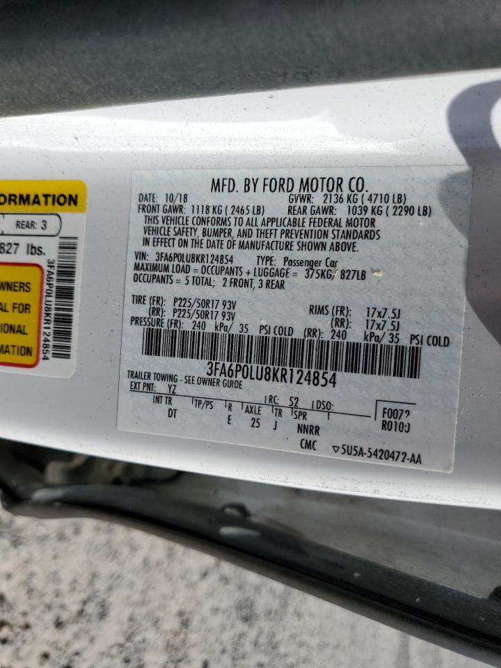 2019 Ford Fusion Se VIN: 3FA6P0LU8KR124854 Lot: 54040005