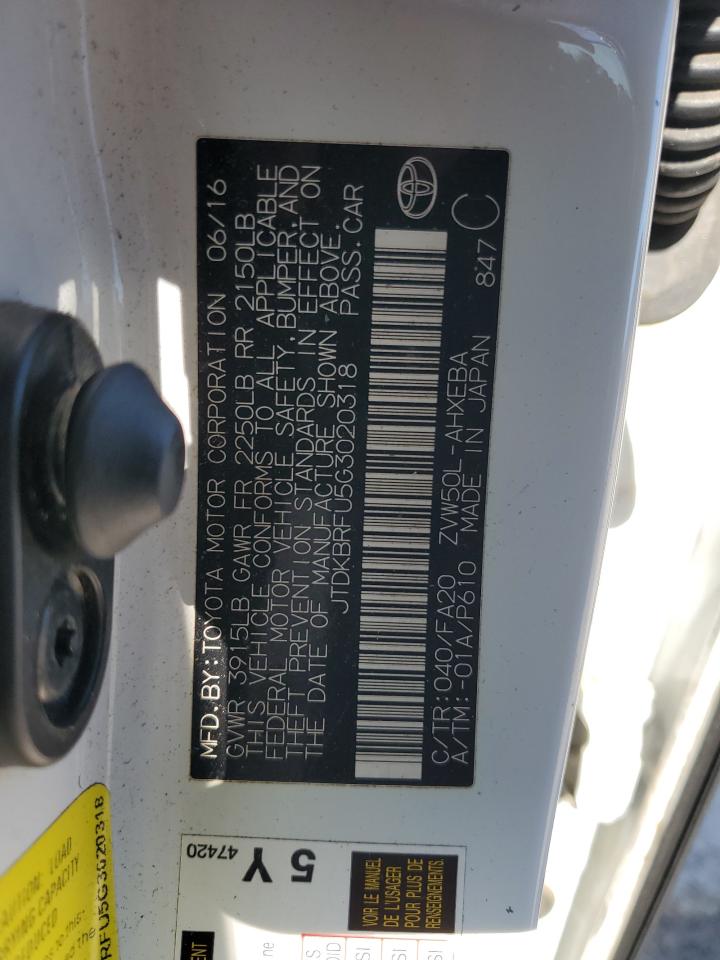 JTDKBRFU5G3020318 TOYOTA PRIUS 2016