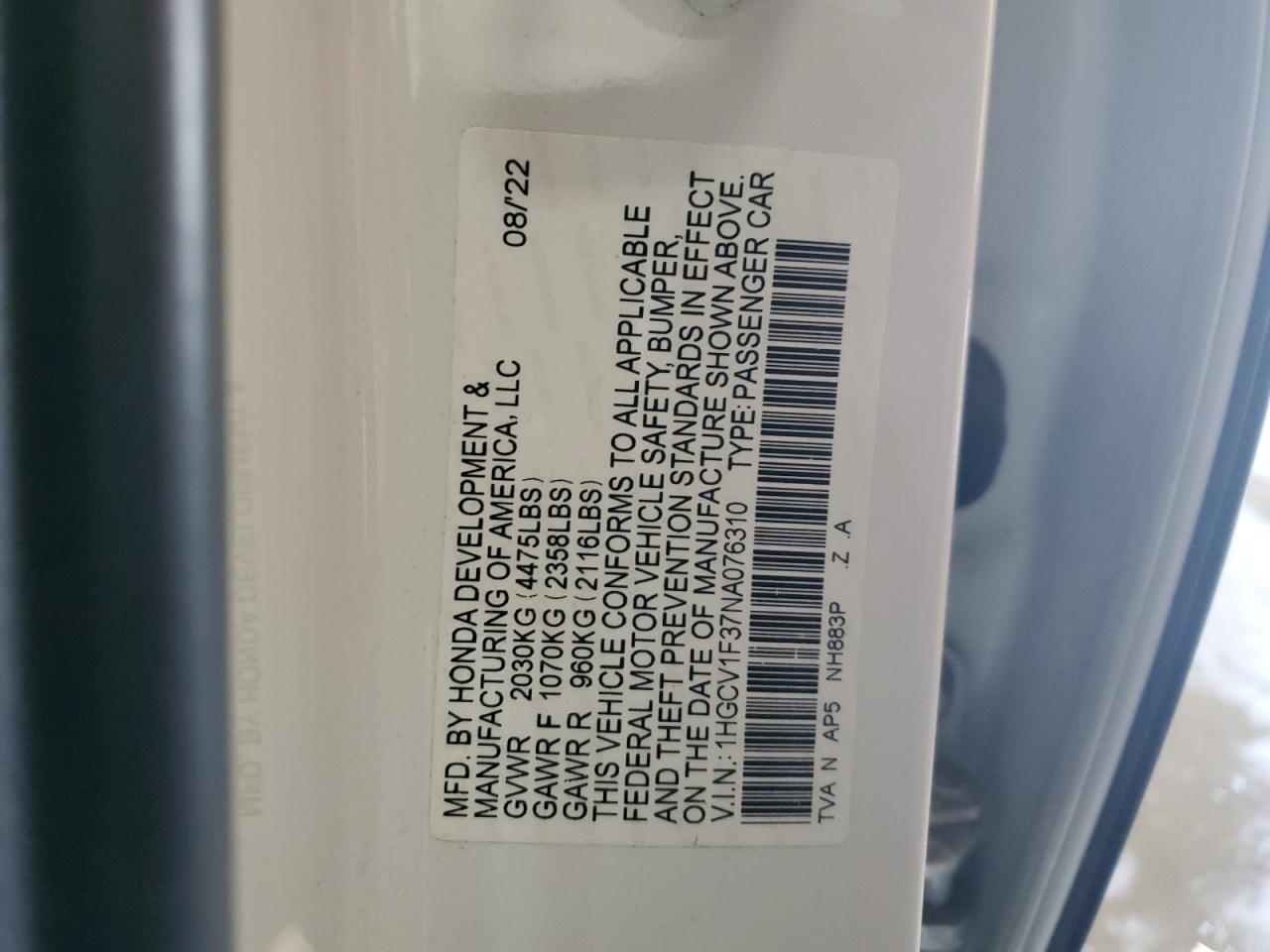 1HGCV1F37NA076310 HONDA ACCORD 2022