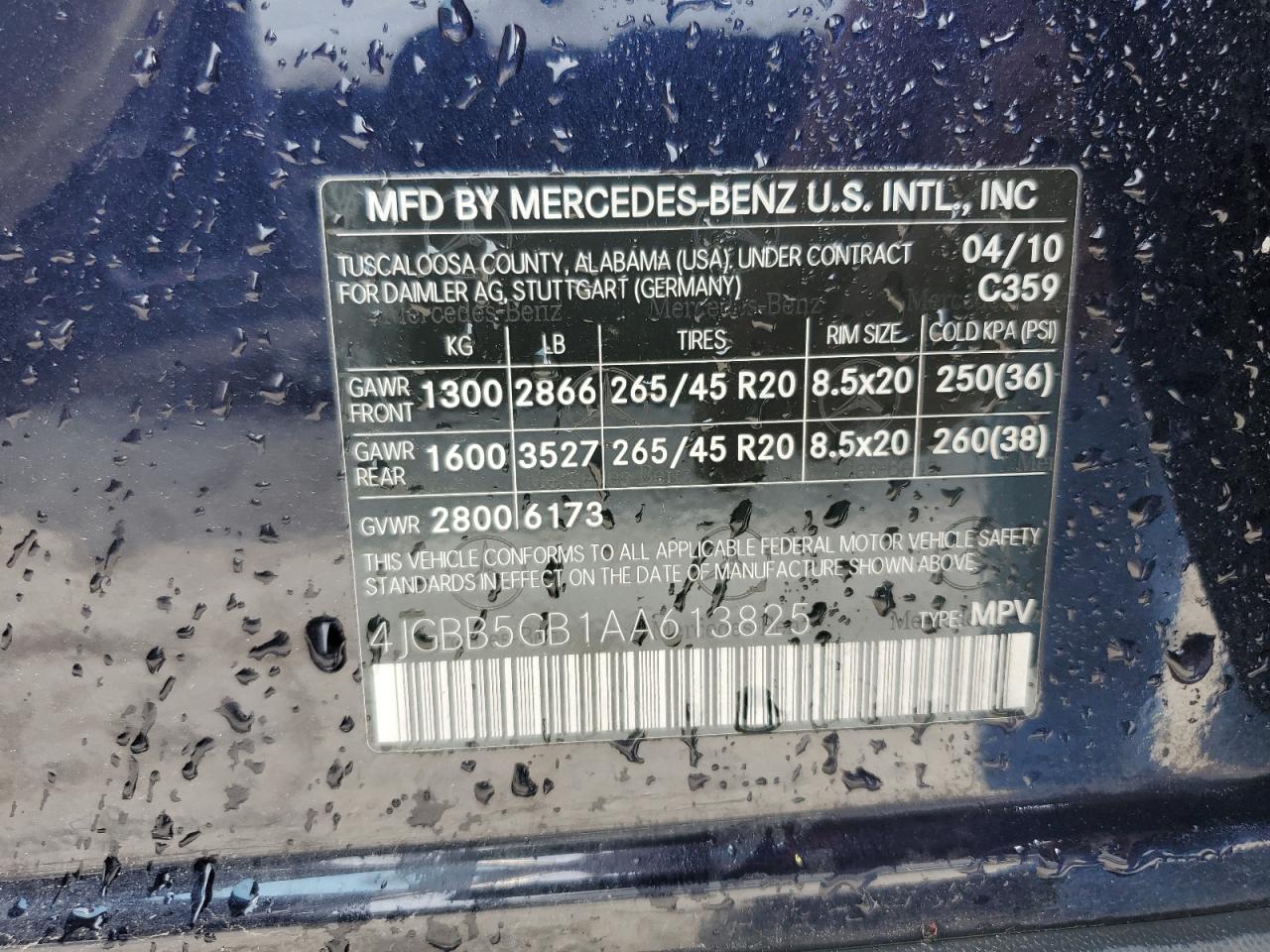 2010 Mercedes-Benz Ml 350 VIN: 4JGBB5GB1AA613825 Lot: 53043115