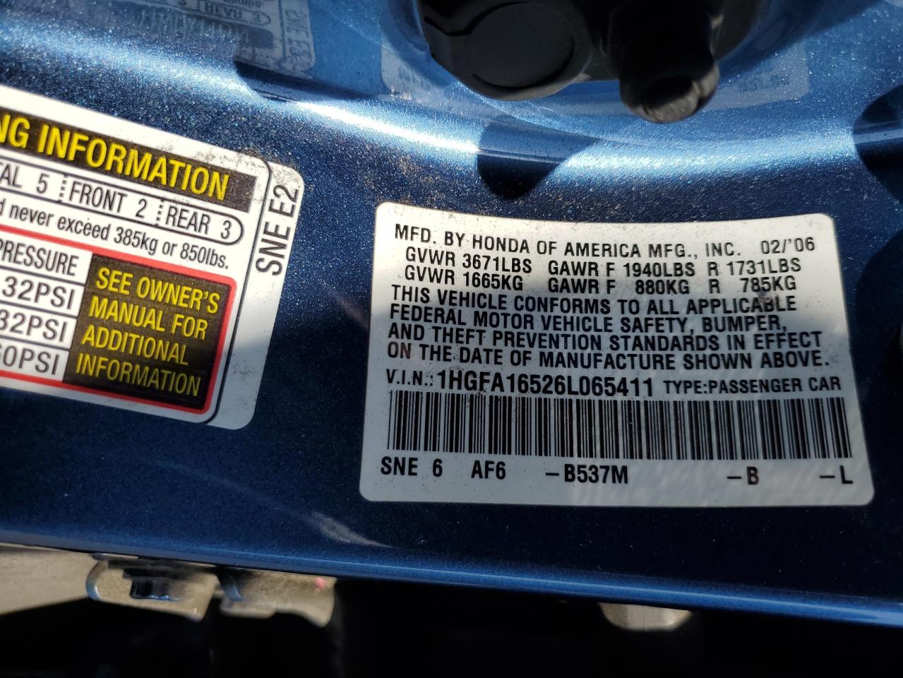 2006 Honda Civic Lx VIN: 1HGFA16526L065411 Lot: 51481405