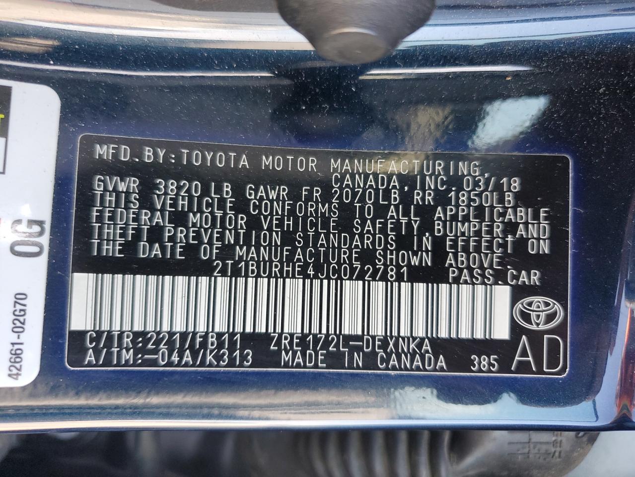 2T1BURHE4JC072781 TOYOTA COROLLA 2018