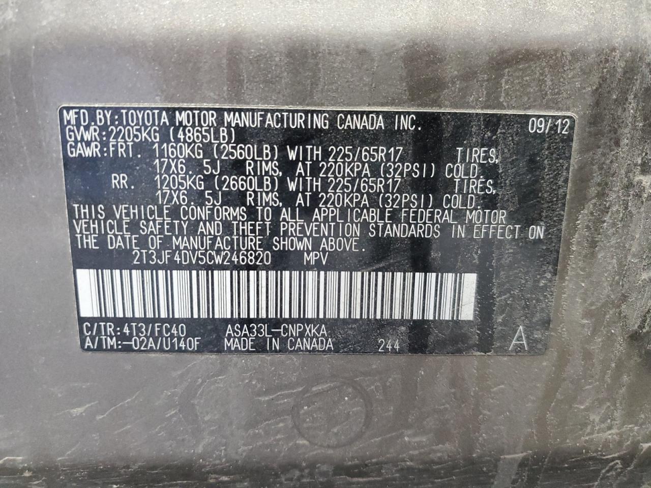 2012 Toyota Rav4 VIN: 2T3JF4DV5CW246820 Lot: 54420355