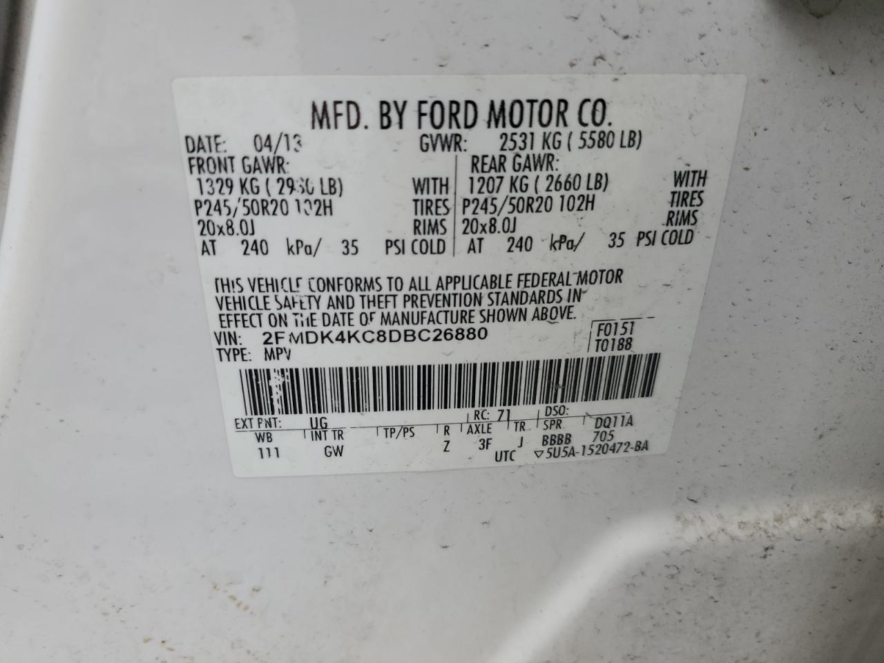 2013 Ford Edge Limited VIN: 2FMDK4KC8DBC26880 Lot: 53251065