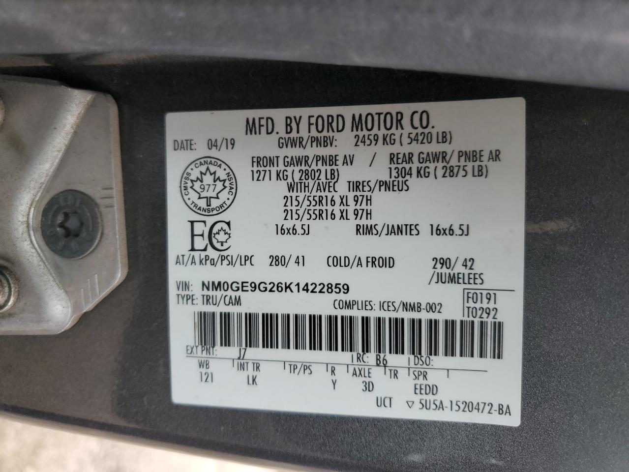 2019 Ford Transit Connect Titanium VIN: NM0GE9G26K1422859 Lot: 51243025
