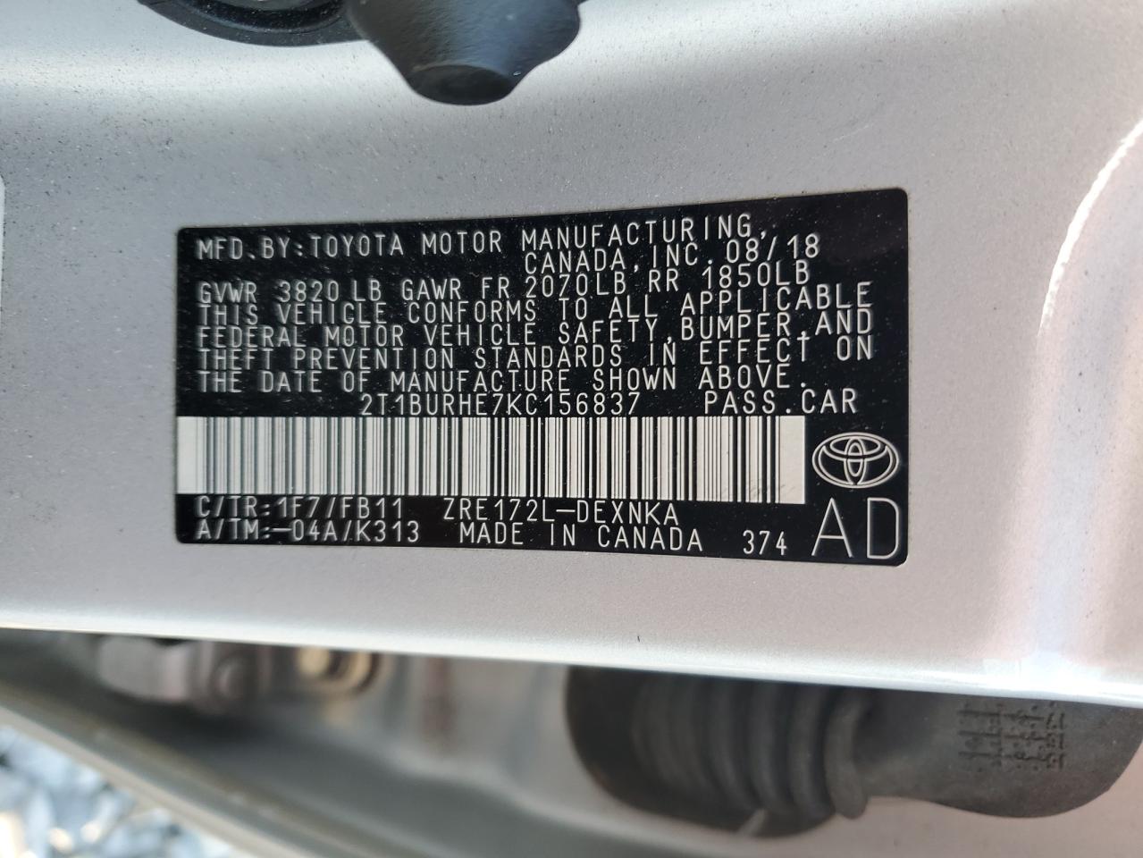 2T1BURHE7KC156837 TOYOTA COROLLA 2019