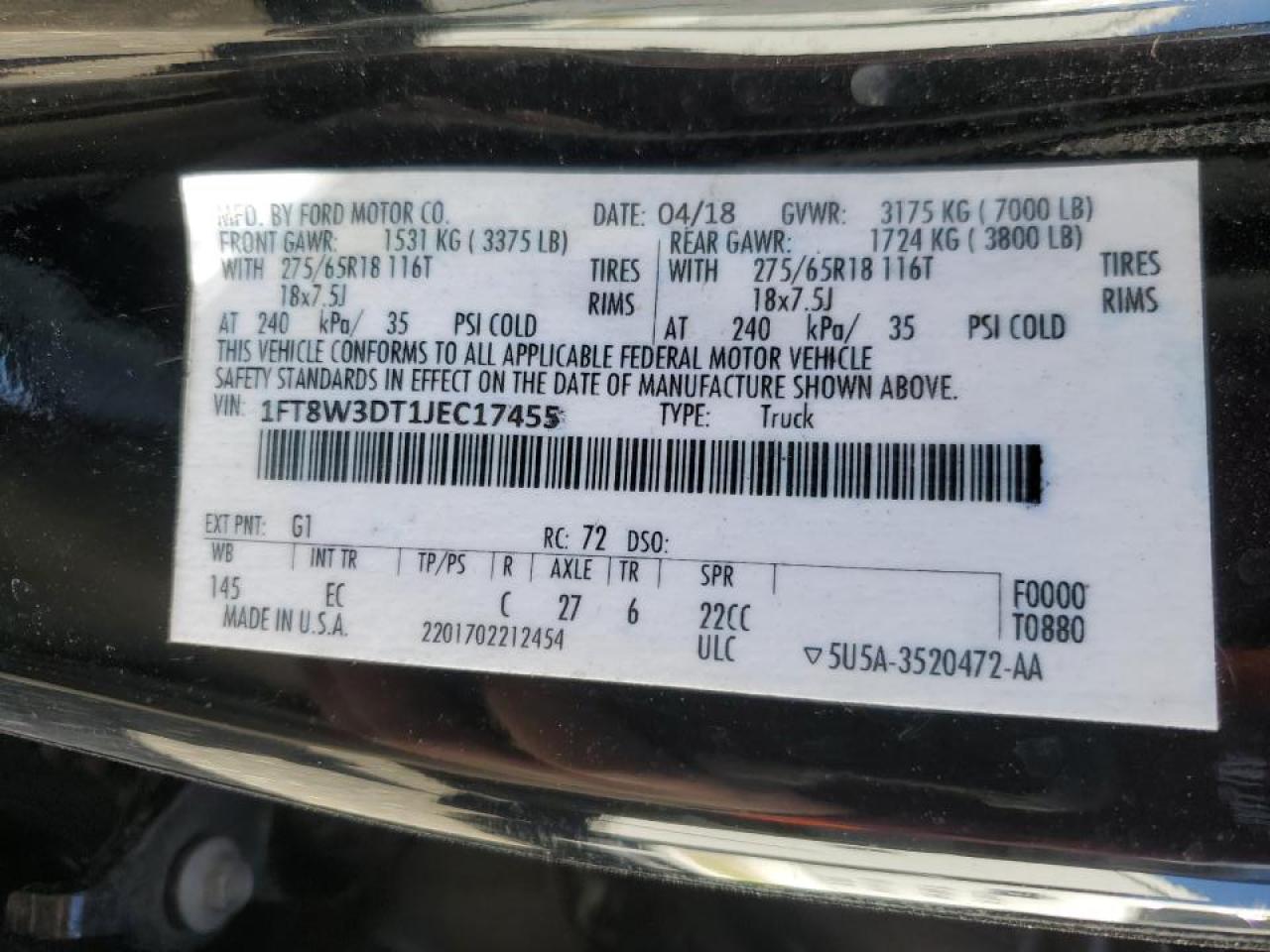 1FT8W3DT1JEC16516 FORD F350 2018