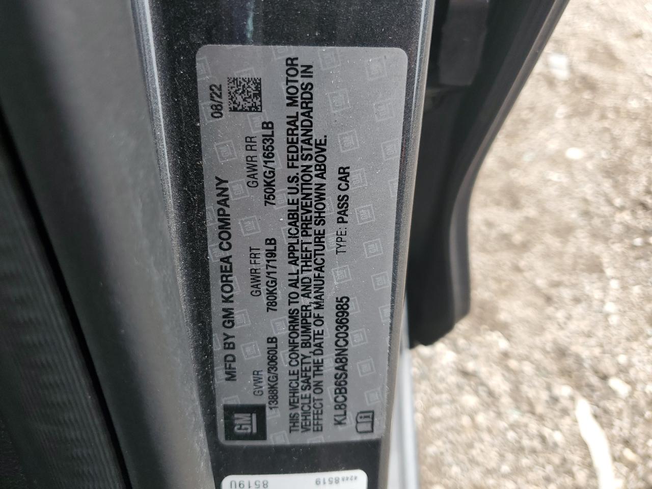 2022 Chevrolet Spark Ls VIN: KL8CB6SA8NC036985 Lot: 51569235