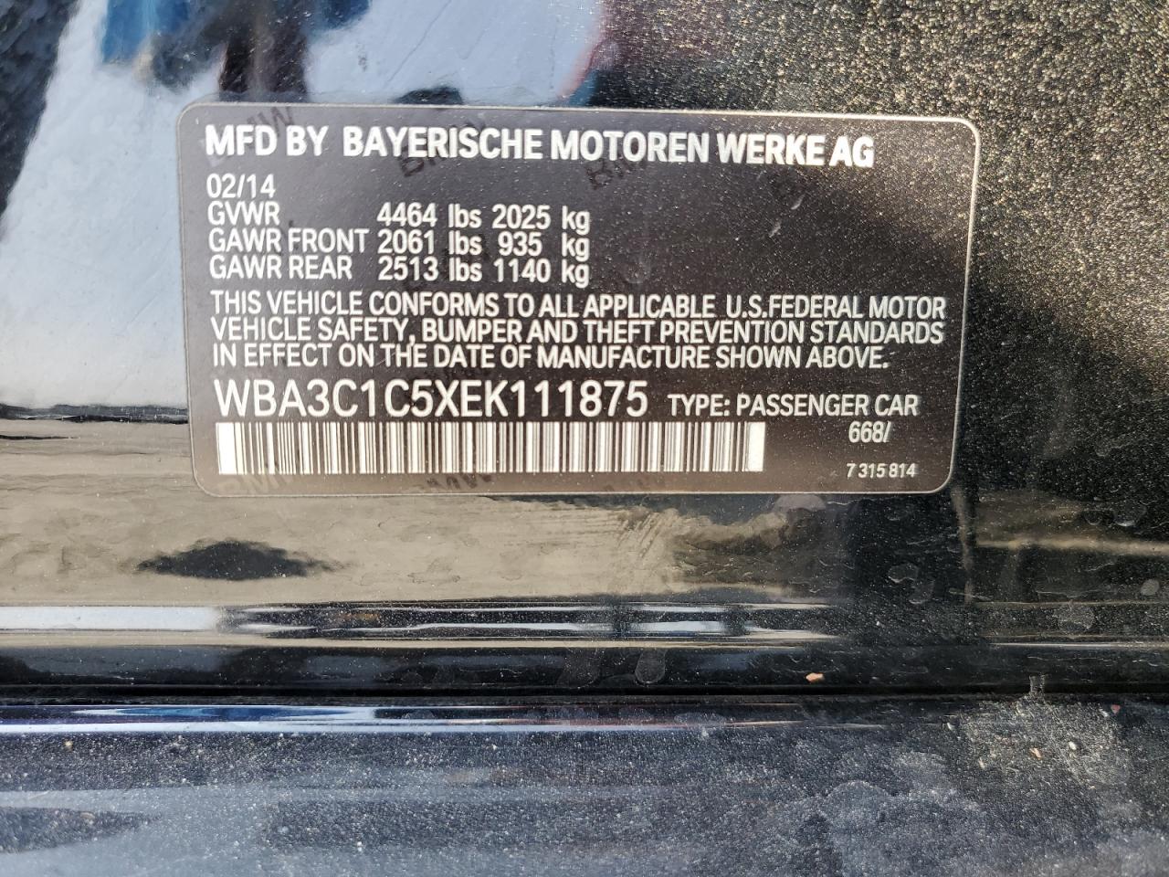 2014 BMW 328 I Sulev VIN: WBA3C1C5XEK111875 Lot: 53583425