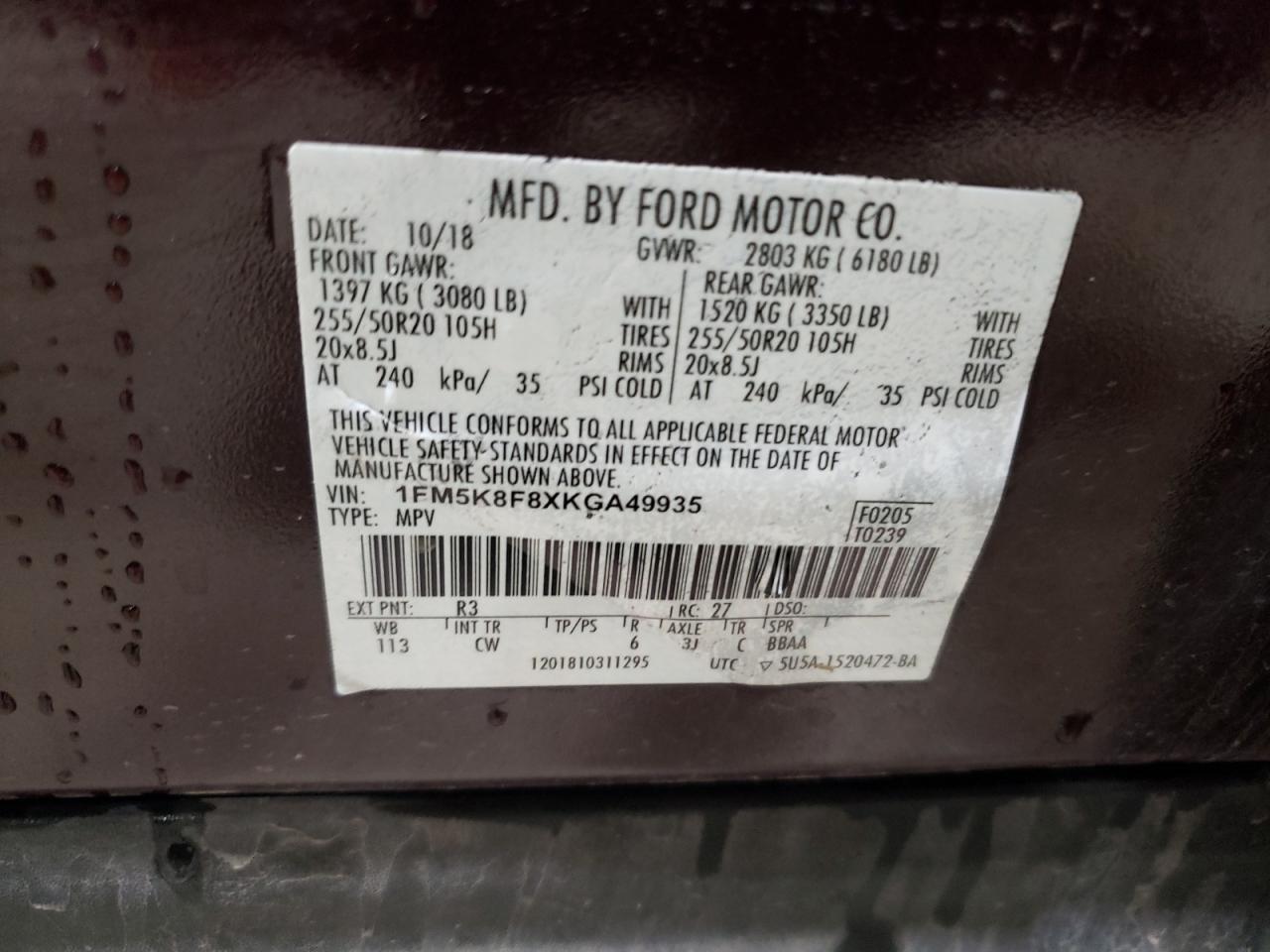 1FM5K8F8XKGA49935 FORD EXPLORER 2019