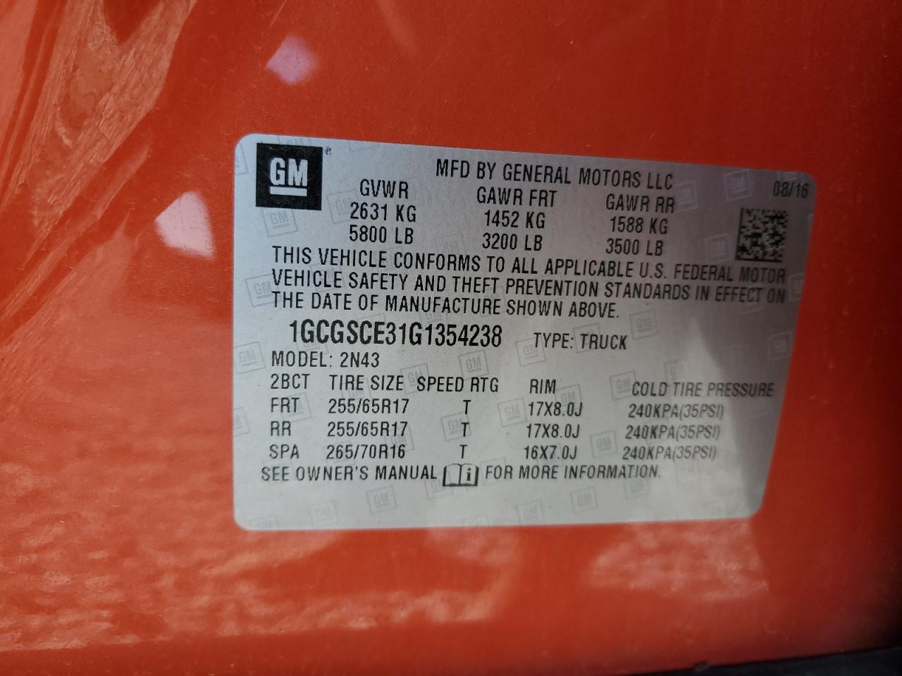 1GCGSCE31G1354238 CHEVROLET COLORADO 2016