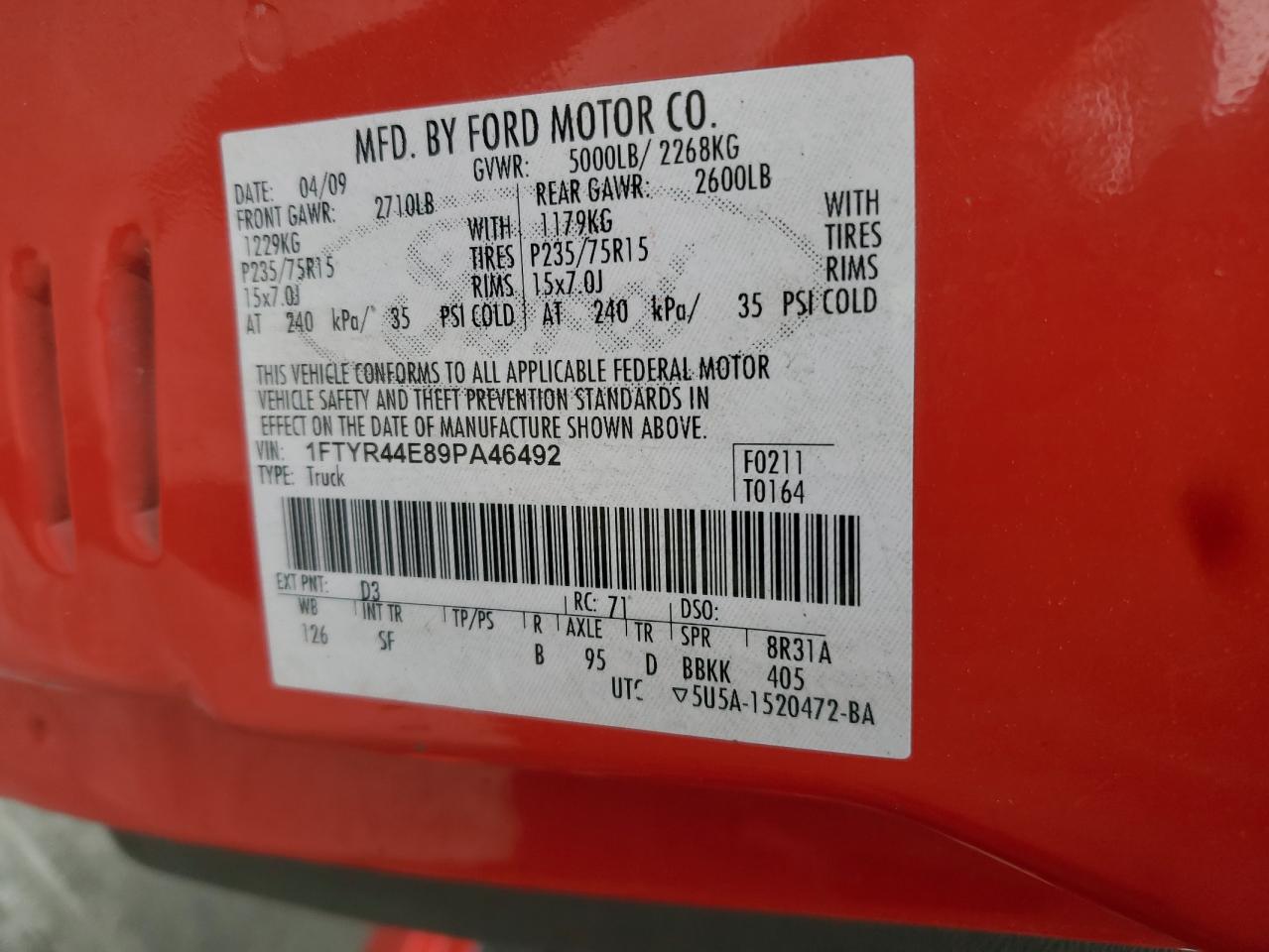 2009 Ford Ranger Super Cab VIN: 1FTYR44E89PA46492 Lot: 53810035