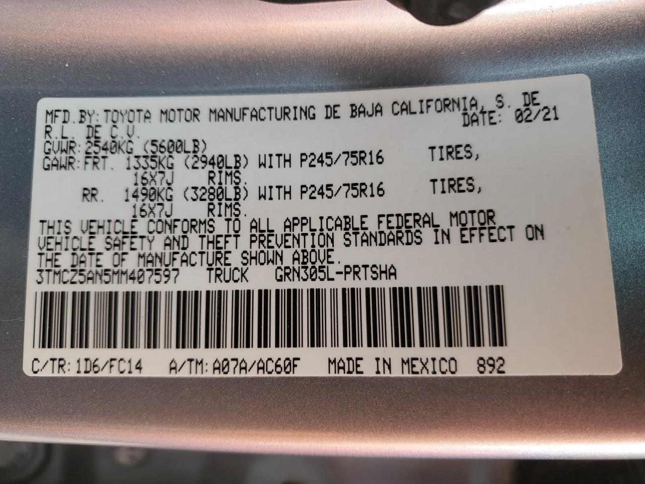 2021 Toyota Tacoma Double Cab VIN: 3TMCZ5AN5MM407597 Lot: 52150195