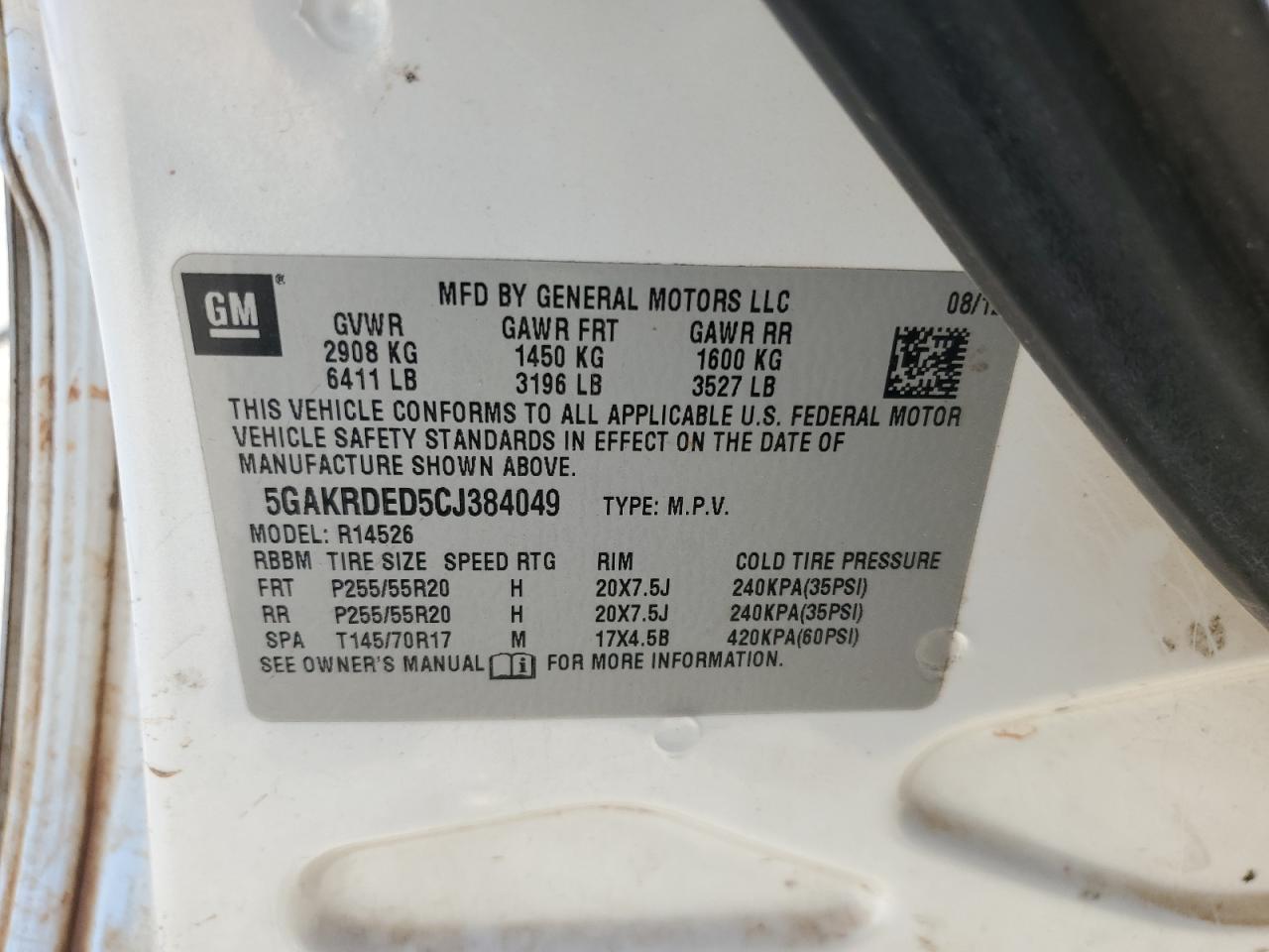 2012 Buick Enclave VIN: 5GAKRDED5CJ384049 Lot: 67922825