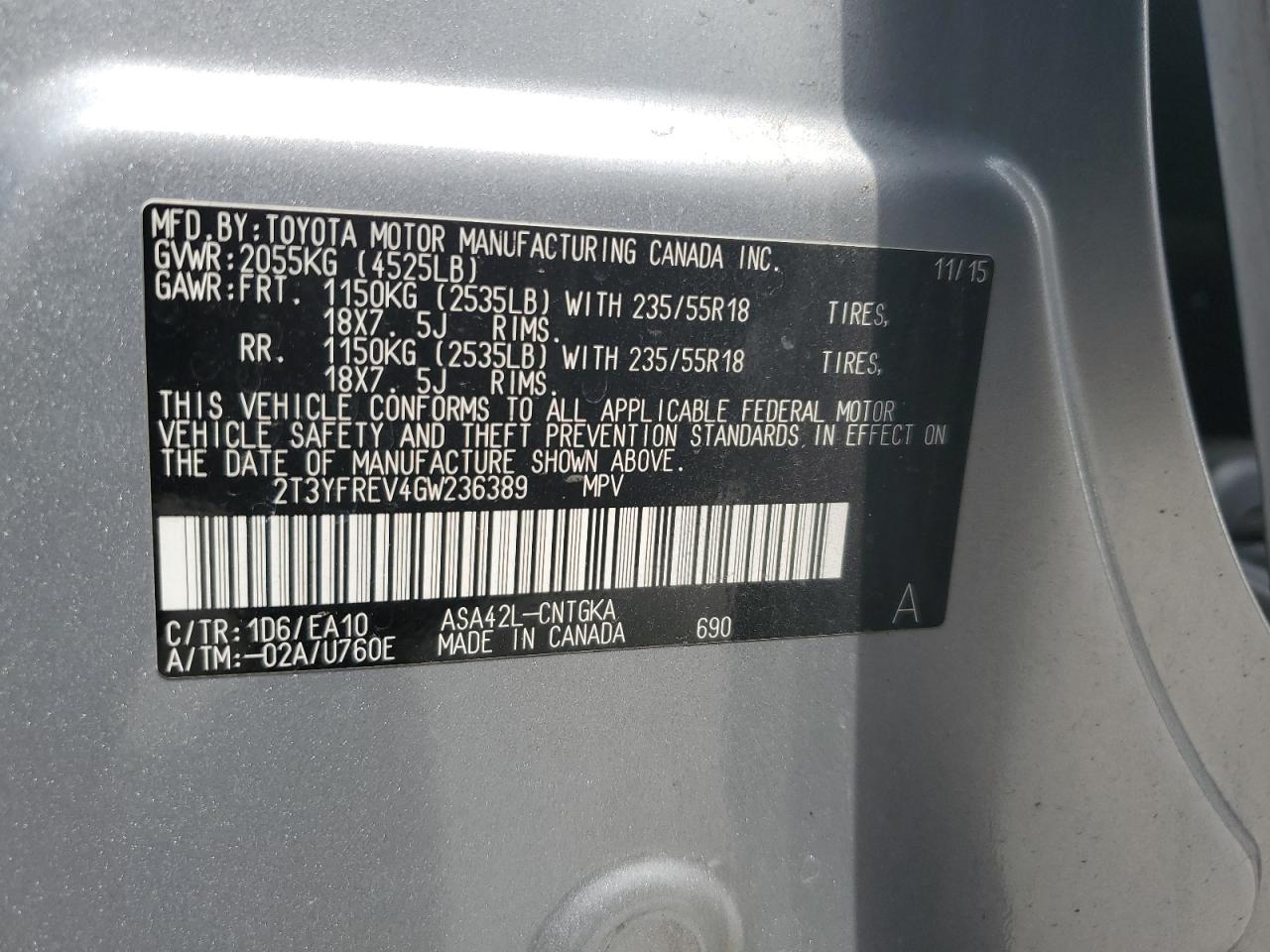 2T3YFREV4GW236389 TOYOTA RAV4 2016