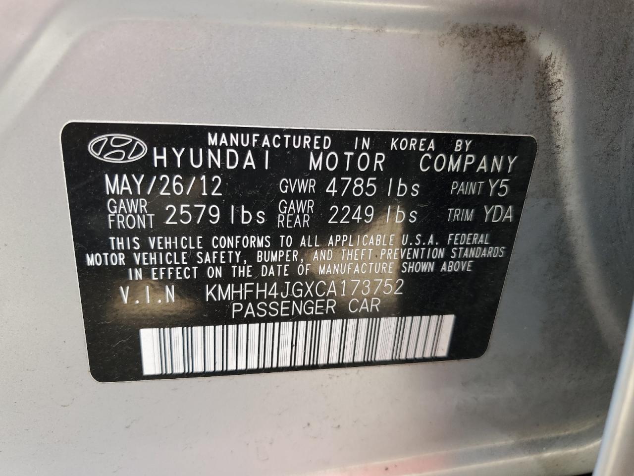 2012 Hyundai Azera Gls VIN: KMHFH4JGXCA173752 Lot: 54708955