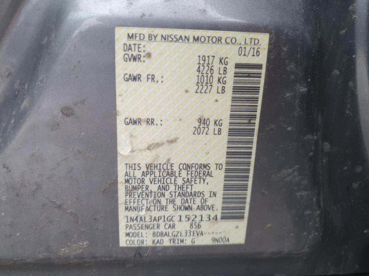 1N4AL3AP1GC152134 NISSAN ALTIMA 2016