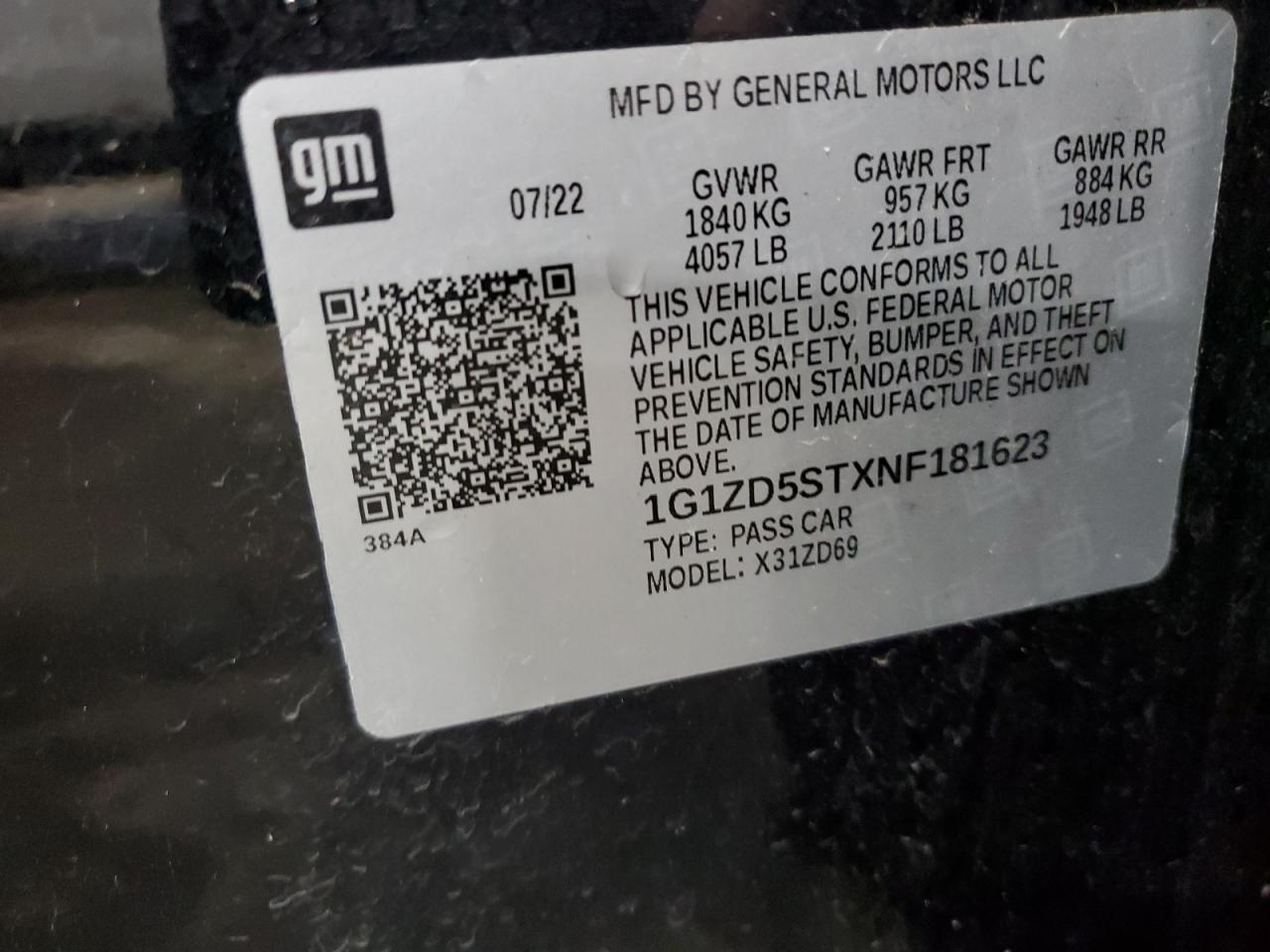 1G1ZD5STXNF181623 CHEVROLET MALIBU 2022
