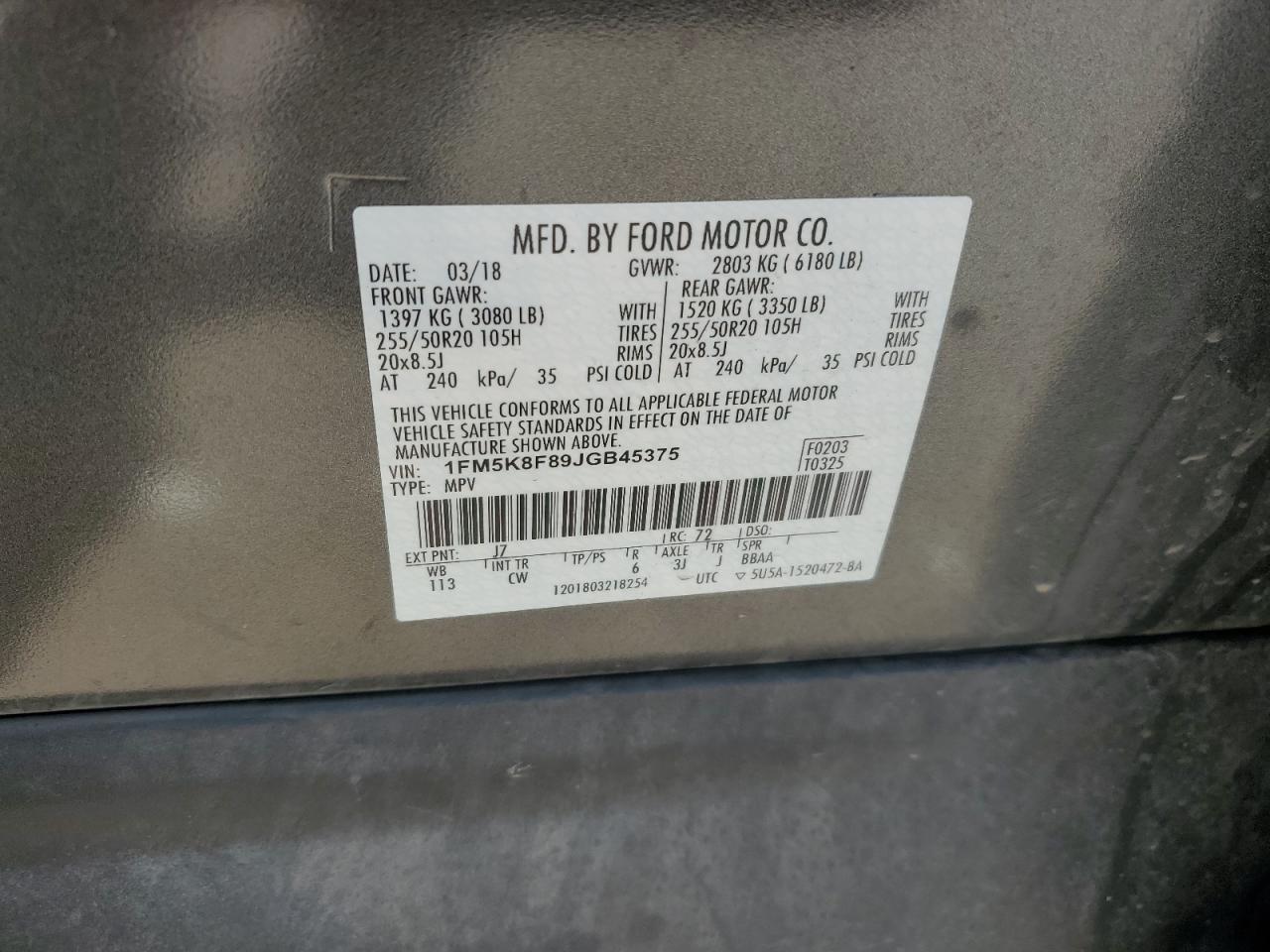 1FM5K8F89JGB45375 FORD EXPLORER 2018