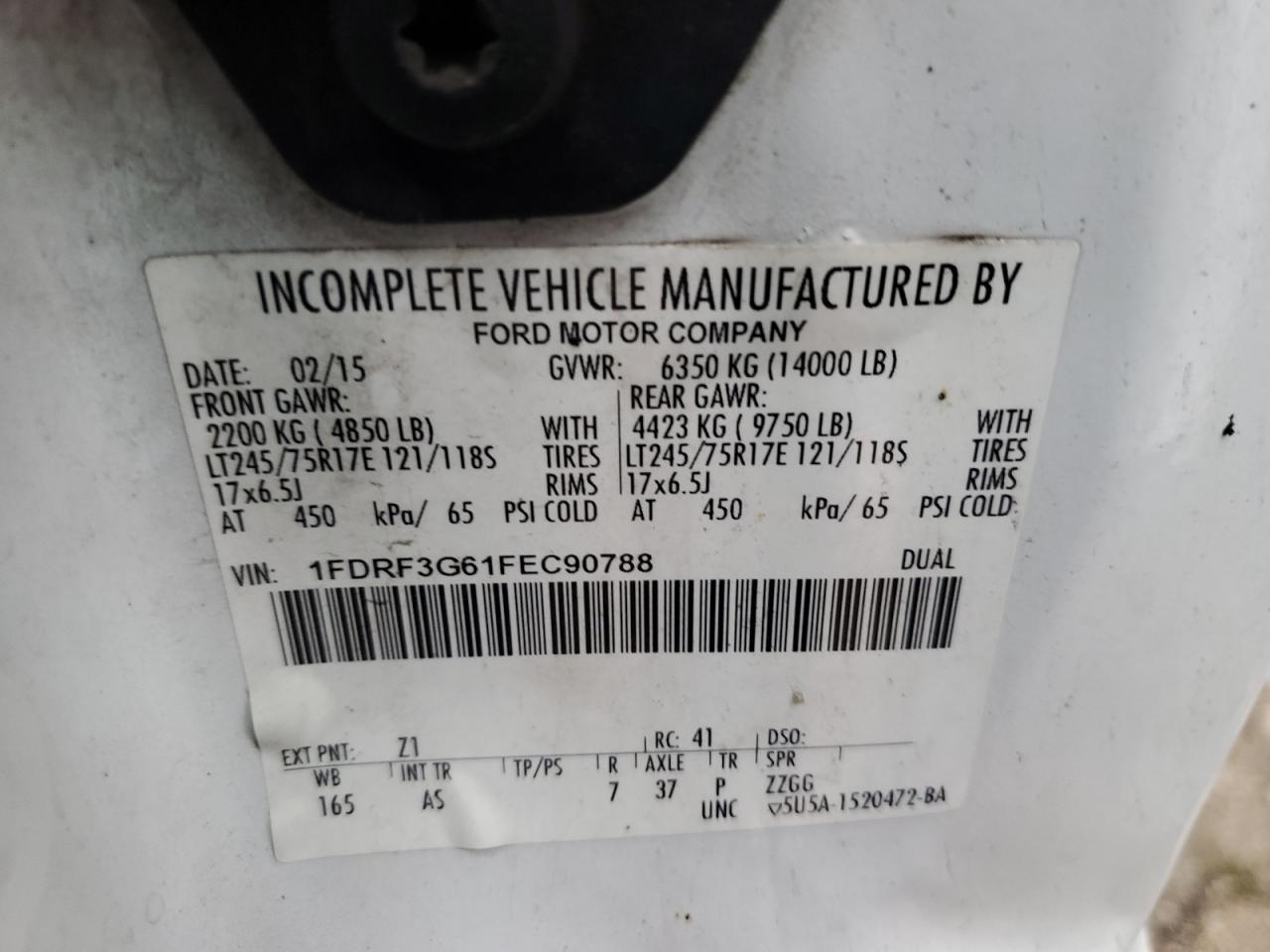 2015 Ford F350 Super Duty VIN: 1FDRF3G61FEC90788 Lot: 53064265