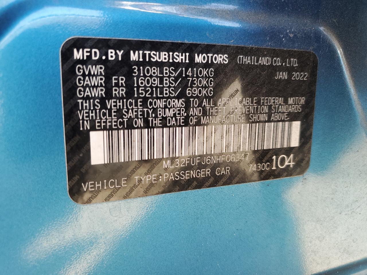 2022 Mitsubishi Mirage G4 Es VIN: ML32FUFJ6NHF06347 Lot: 52180735