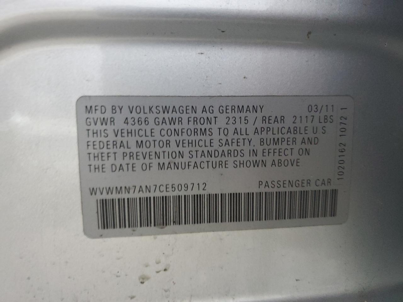 2012 Volkswagen Cc Sport VIN: WVWMN7AN7CE509712 Lot: 51003085