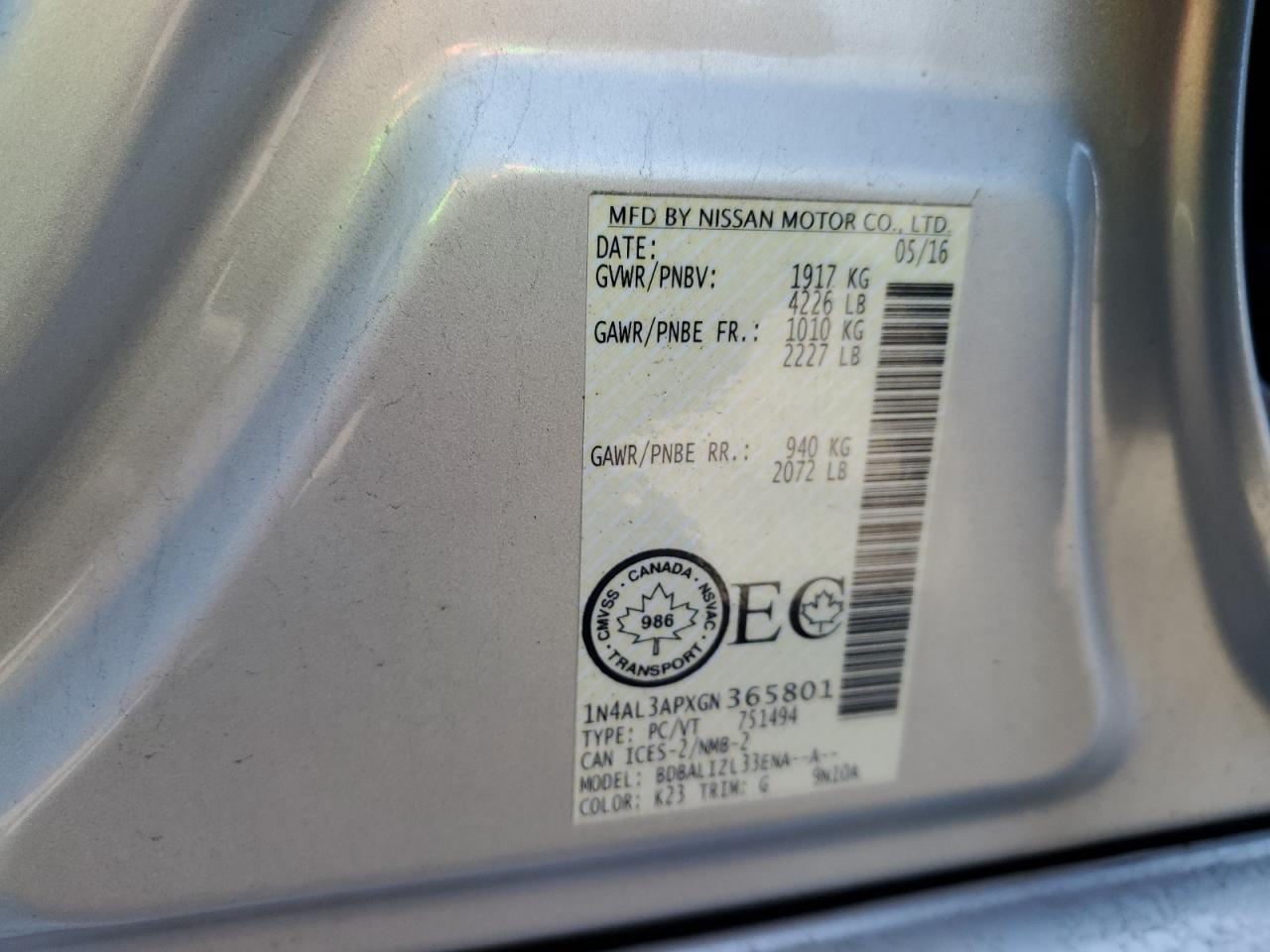 1N4AL3APXGN365801 NISSAN ALTIMA 2016