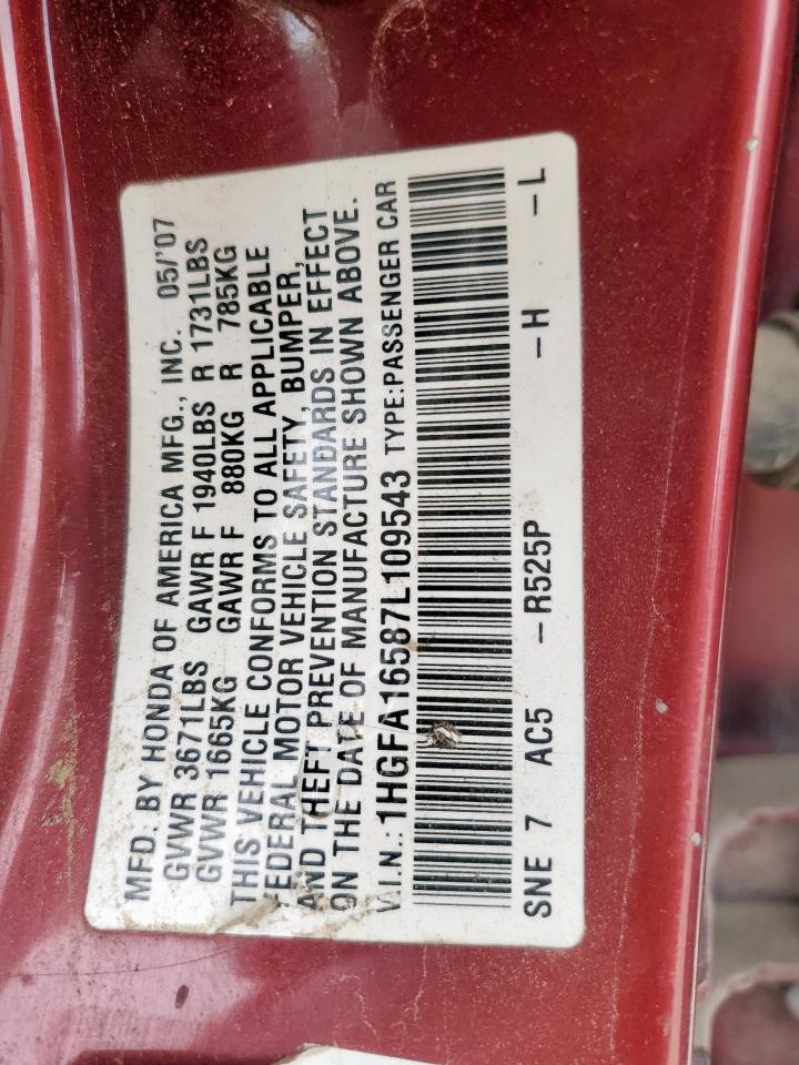 2007 Honda Civic Lx VIN: 1HGFA16587L109543 Lot: 63291865