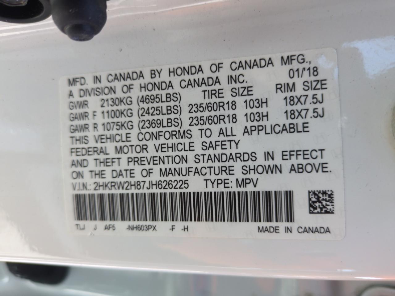 2HKRW2H87JH626225 HONDA CRV 2018