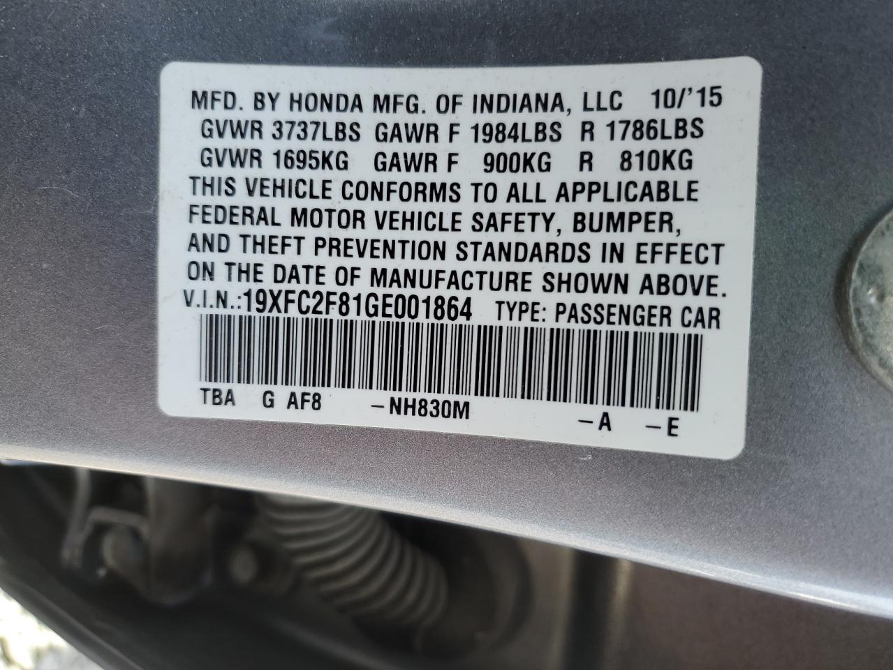 19XFC2F81GE001864 HONDA CIVIC 2016