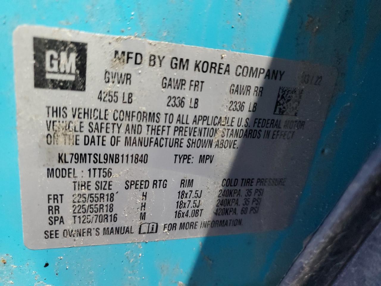 KL79MTSL9NB111840 CHEVROLET TRAILBLZR 2022