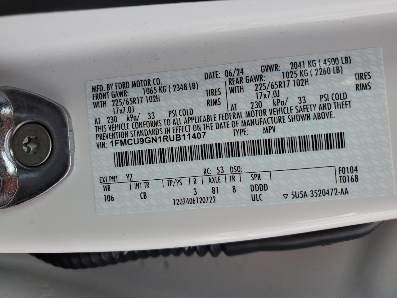 1FMCU9GN1RUB11407 FORD ESCAPE ACT 2024